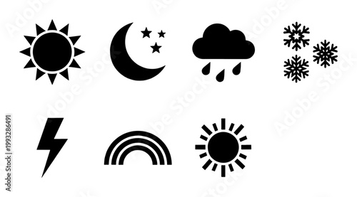 Minimalist weather icon set with 7 black vector symbols, flat meteorology signs for sun and moon, rain and snow forecast elements for mobile apps