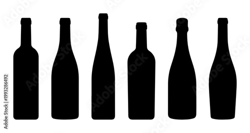 Black wine bottle silhouettes set, collection of 6 glass alcohol bottle shapes, minimalist beverage container vector icons for winery branding