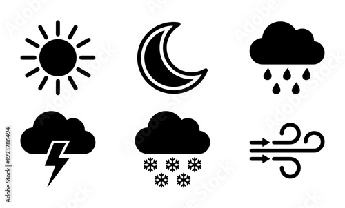 Minimalist weather icon set, black flat vector symbols for forecast apps, 6 climate elements including sun moon rain storm snow and wind