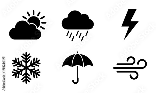 Minimalist weather icon set, black flat vector symbols for meteorology forecast, 6 climate elements including rain cloud and sun