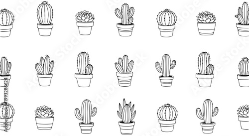 Minimal hand drawn cactus in pot seamless pattern doodle succulent vector background for textile and decor