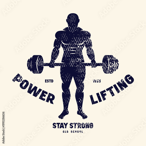 Sport emblem with powerlifter silhouette. Graphic design with rough texture for t-shirt. Black print on white background