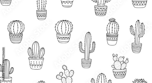 Doodle cactus in pots seamless pattern hand drawn succulent vector background for textile paper and decor