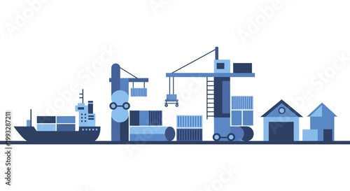 Cargo ship and cranes at a port with containers and warehouses.