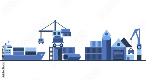 Cargo ship and port cranes loading containers at a busy dock.