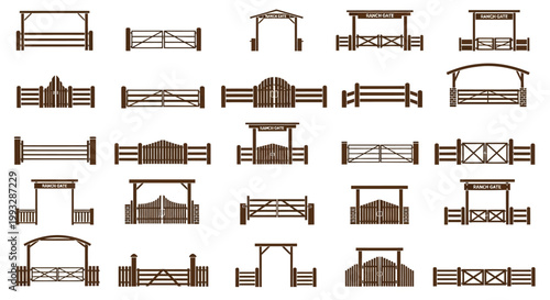 Collection of various wooden fence and gate designs on a white background