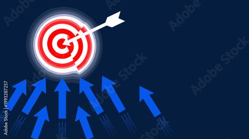 A glowing red target with a white arrow hitting the center, surrounded by blue arrows pointing towards it on a dark blue background.