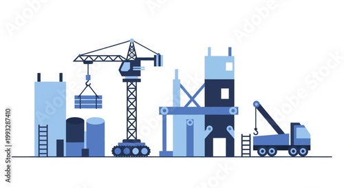 Construction site with various heavy machinery and building structures.
