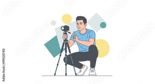 Man Filming with Camera on Tripod, Creative Geometric Background