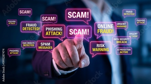 Cinematic close-up of a businessman's hand interacting with virtual magenta scam and phishing alerts displayed on a futuristic digital interface.