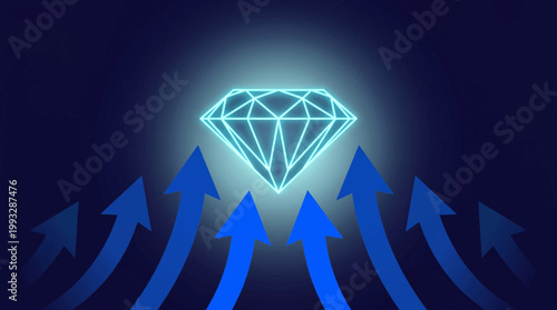 A glowing blue diamond icon surrounded by multiple upward pointing arrows on a dark background