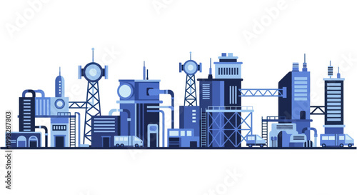 Industrial Cityscape with Factories and Communication Towers.
