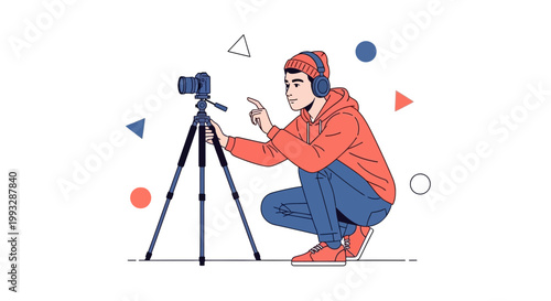 Young man filming with camera on tripod, vlogger, content creator, creative hobby