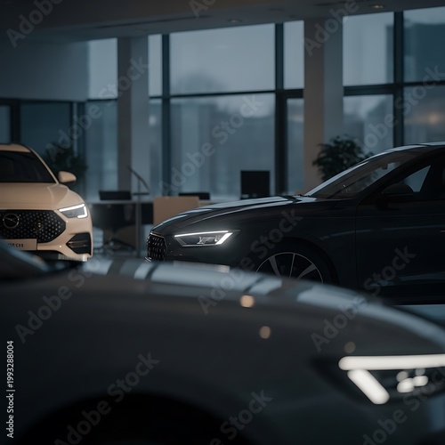Modern luxury automobiles displayed inside a dimly lit dealership showroom