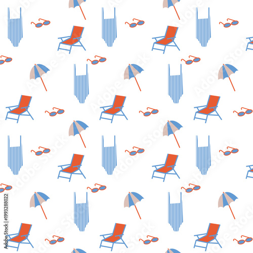 Summer beach pattern with sun loungers, sunglasses, umbrella and swimsuit in blue, red and white colors