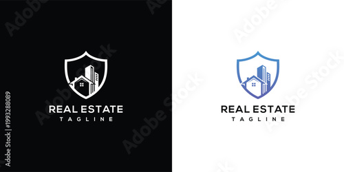 Real Estate Shield Logo Design with House and Skyscrapers