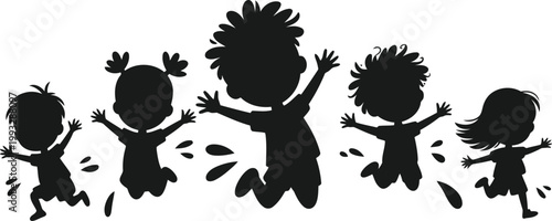 A joyful group of five young children in black silhouette happily jumping with arms raised on a white background