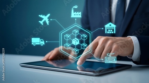Conceptual close up of businessman managing global supply chain by touching holographic logistics interface on digital tablet with futuristic glowing blue corporate ambiance