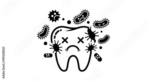 Sad tooth attacked by bacteria with x eyes