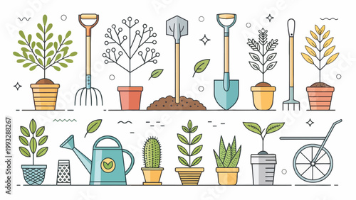 Gardening tools and potted plants vector illustration set collection of garden equipment including shovel, rake, watering can, wheelbarrow and houseplants