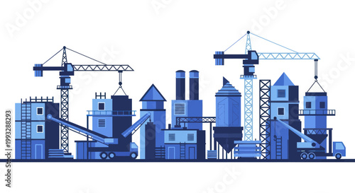 Industrial construction site with cranes and various factory buildings.