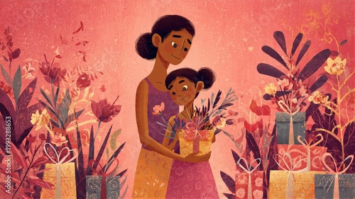 Mother and daughter with floral gift on pink background illustration