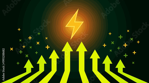 A vibrant graphic illustration of upward arrows and a lightning bolt symbolizing growth and energy