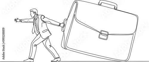 Continuous line drawing of a businessman pulling a giant briefcase symbolizing heavy workload and professional career responsibility