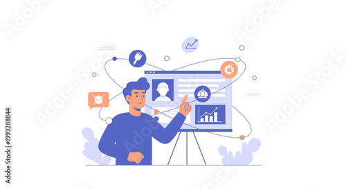 Man presenting data and analytics on a screen with icons, business concept illustration
