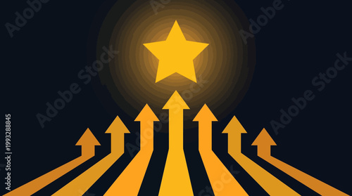 A glowing yellow star symbolizing success and achievement surrounded by rising arrows on a dark background