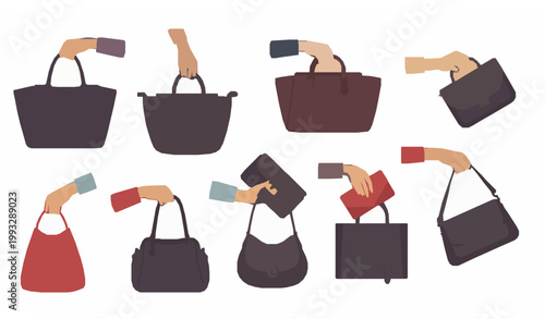 Women Hands Holding Handbags Vector Set Fashion Bags Clutch Purse Accessories Flat Design