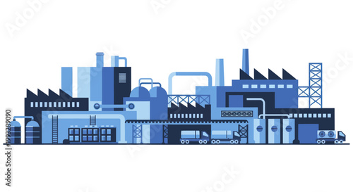 Industrial factory complex with multiple buildings and smokestacks.