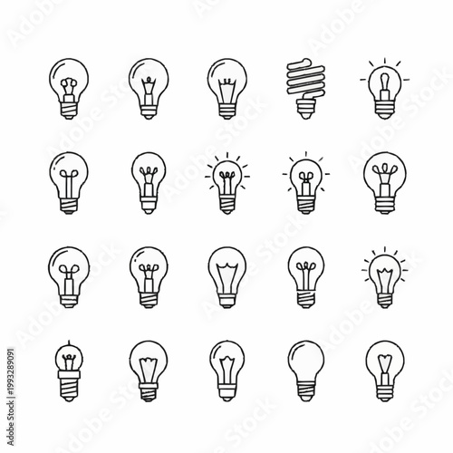 Collection of hand drawn light bulb icons representing ideas and innovation.