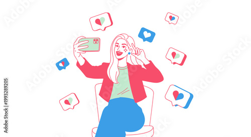 Woman taking selfie with social media likes and hearts floating around her