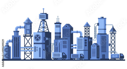 Industrial factory complex with various buildings and machinery.