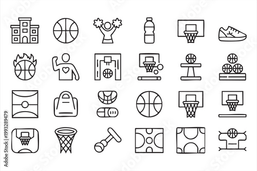 Basketball Equipment Icons, Hoop, Ball, Court, Fitness Training Symbols
