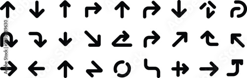Collection of black rounded arrow icons pointing in various directions on a white background navigation