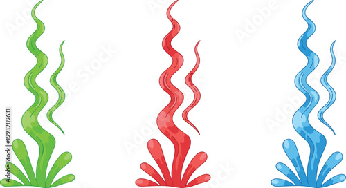 Three cartoon style wavy seaweed plants in green red and blue on white background kelp ocean