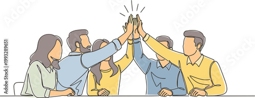 Minimalist continuous line art illustration of diverse business team members giving a high five for successful project achievement