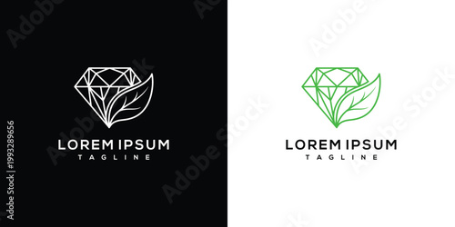 Minimalist Line Art Diamond and Leaf Logo Design with Green and White Variations