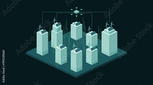 An isometric illustration of a futuristic cityscape with sustainable skyscrapers and renewable energy sources