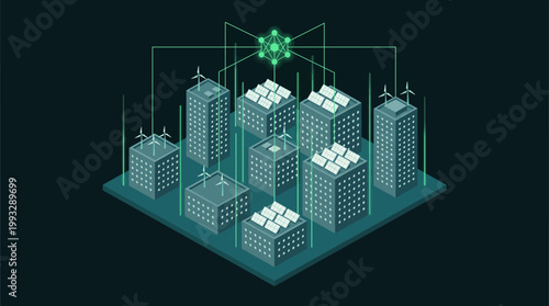 A futuristic cityscape with sleek skyscrapers and a glowing green network connecting them