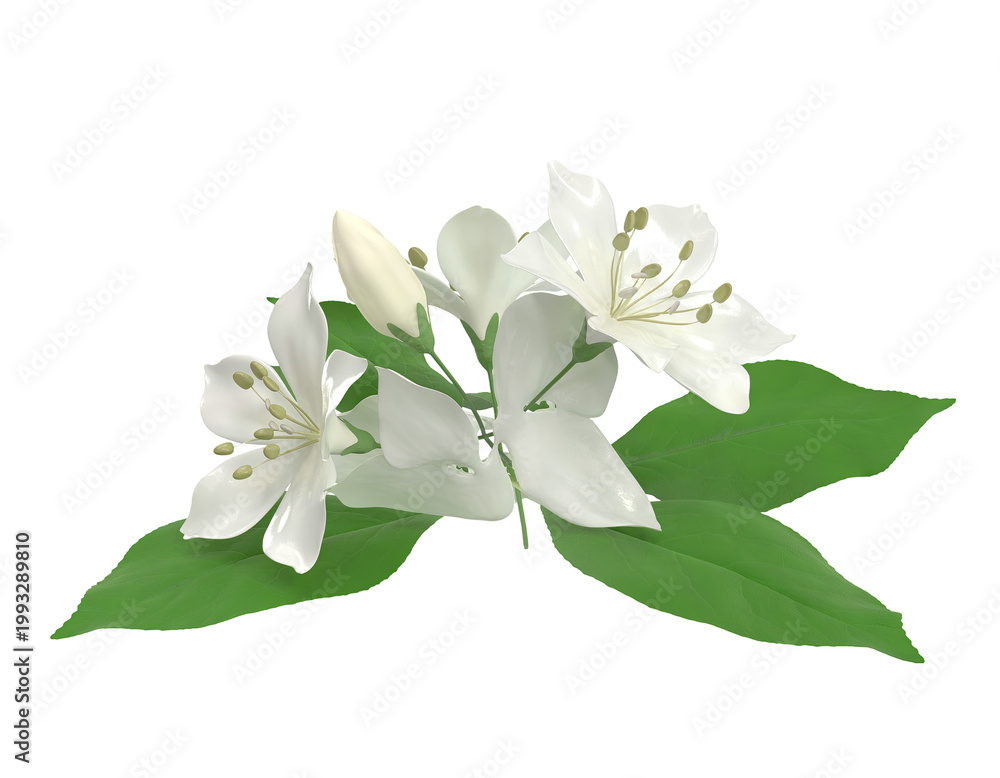 Fototapeta premium White Jasmine Flowers and Buds with Green Leaves
