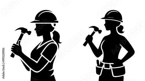 Woman construction worker silhouette with hammer for Labor Day, Female contractor in hardhat holding hammer icon, Empowered woman builder silhouette for DIY and labor themes, Professional female carpe