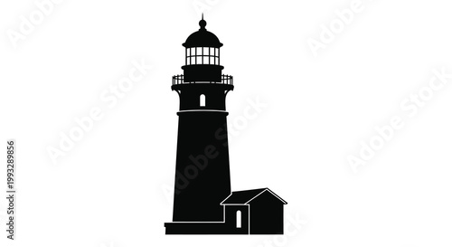 A striking black lighthouse and keeper s house against a plain white background silhouette