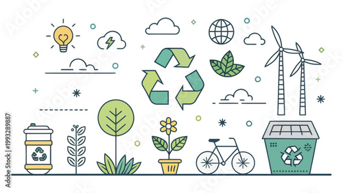 Set of ecofriendly icons with recycling symbol, wind turbines, solar panels, and nature elements, flat vector illustration
