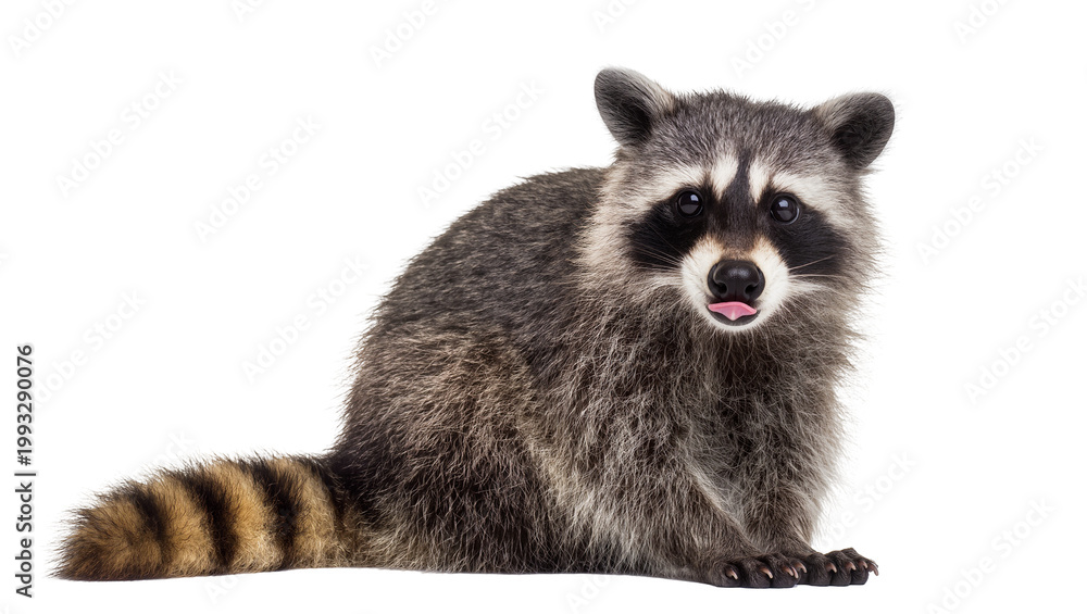 Obraz premium Sitting Gray Furry Raccoon with Ringed Tail and Pink Tongue