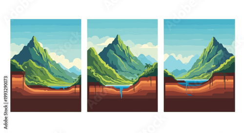 Set of three vector graphic illustrations showing mountain landscapes with detailed geological cross section soil layers