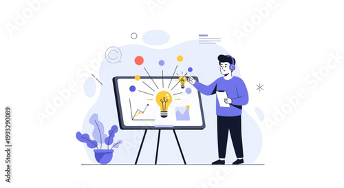 Man presenting ideas on whiteboard with lightbulb and charts, business concept