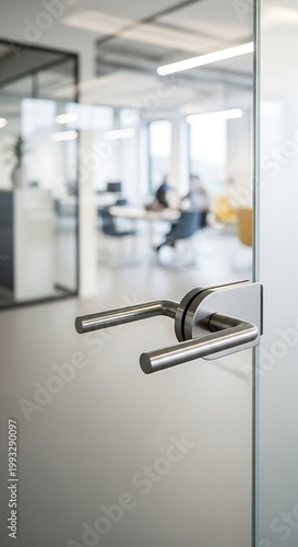 Office Door Handle Leading to Modern Workspace Interior.